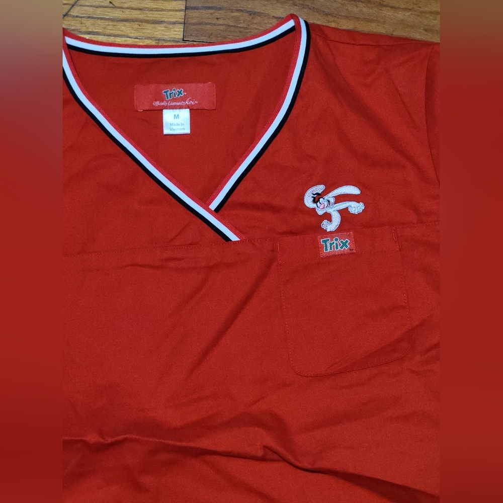 Red V-Neck Scrub Top with White Trim - Picture 2 of 2